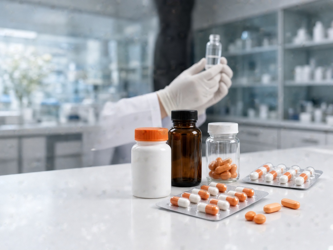 Clean pharmaceutical laboratory table with medicines and quality packaging