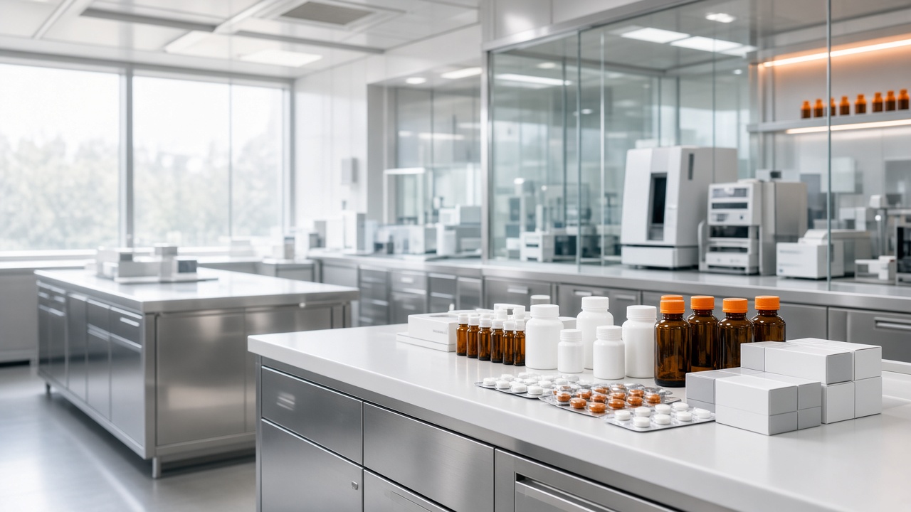 Face-free pharmaceutical laboratory with medicine bottles and quality packaging