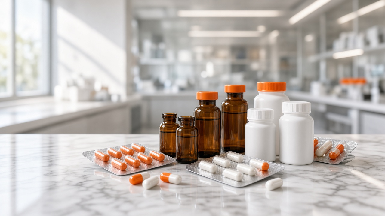 Premium pharmaceutical medicines arranged in a clean laboratory setting